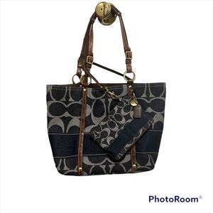 COACH AUTHENTIC DENIM SIGNATURE STRIPE TOTE with matching wristlet